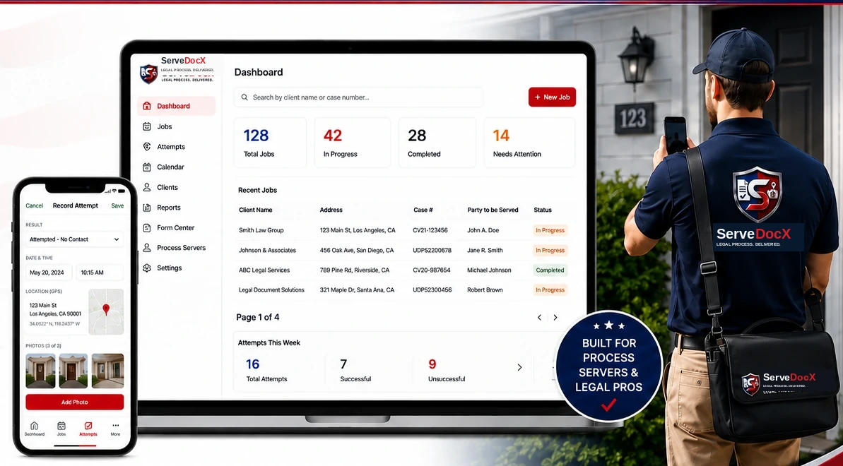 ServeDocX dashboard, mobile field workflow, and process server using the red, white, and blue ServeDocX brand